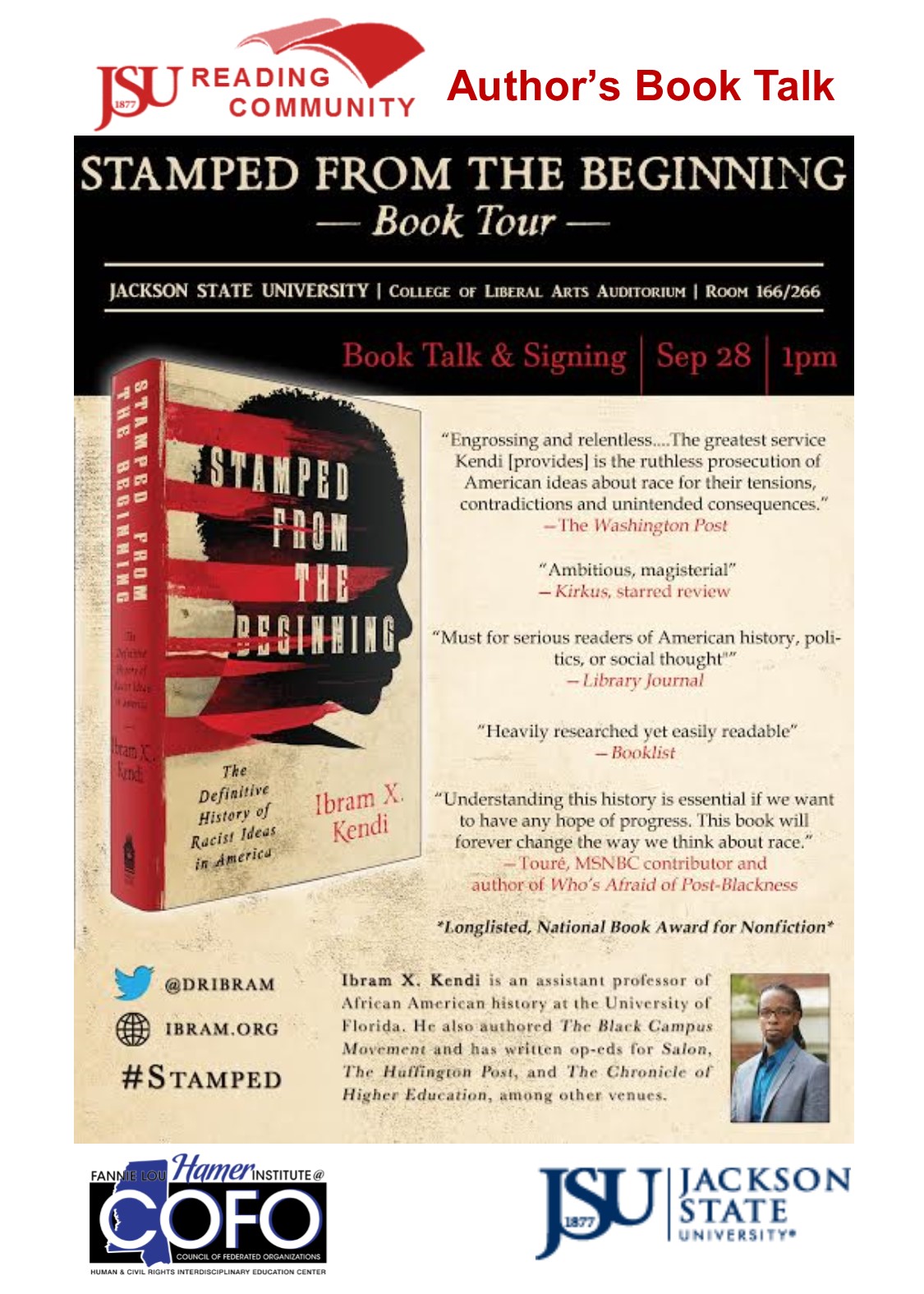 Author’s Book Talk: Stamped From the Beginning featuring Ibram X. Kendi ...