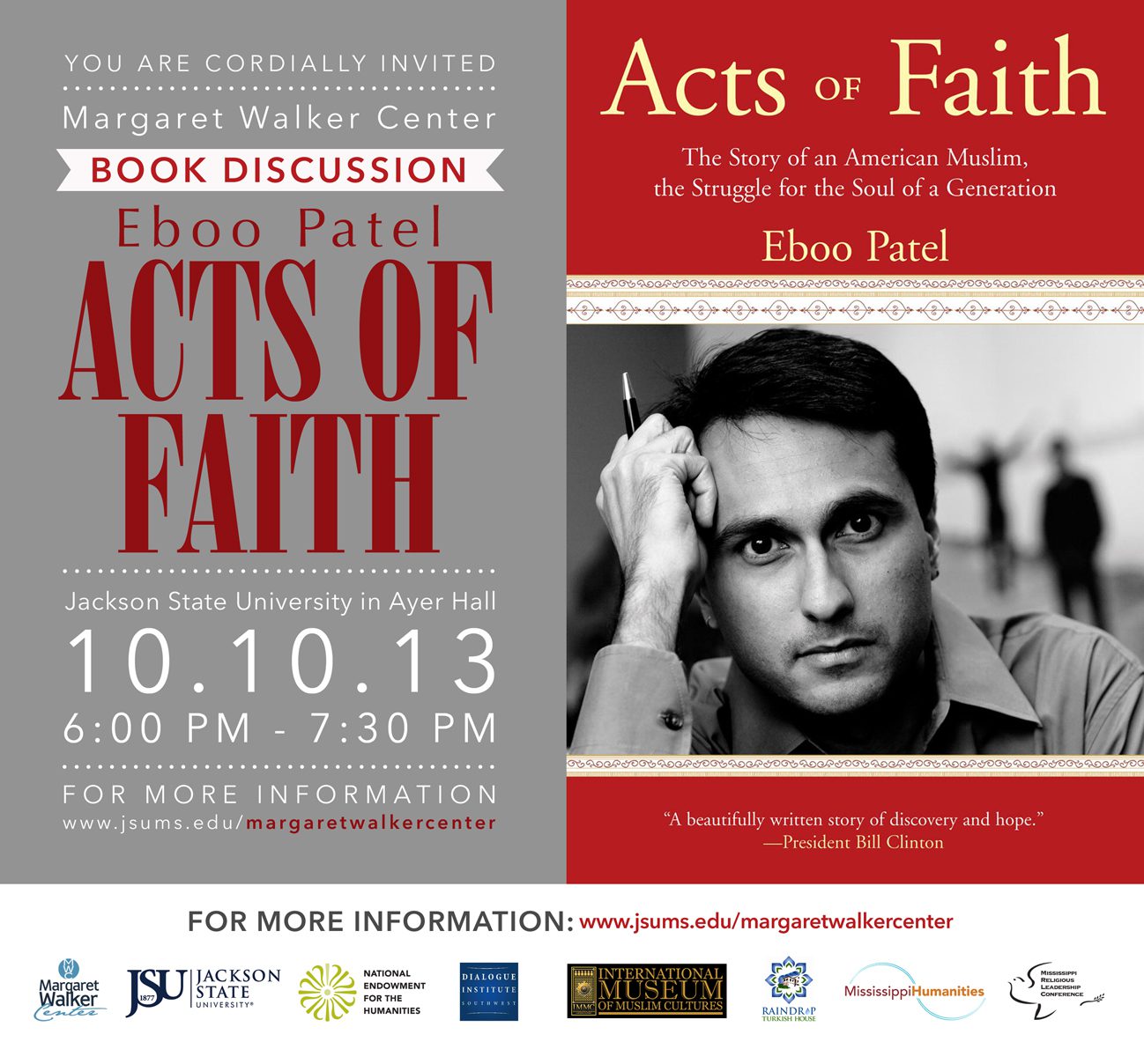 Design and text heavy flyer advertising a book discussion for "Acts of Faith" by Eboo Patel at 6:00 p.m. on October 10, 2013.