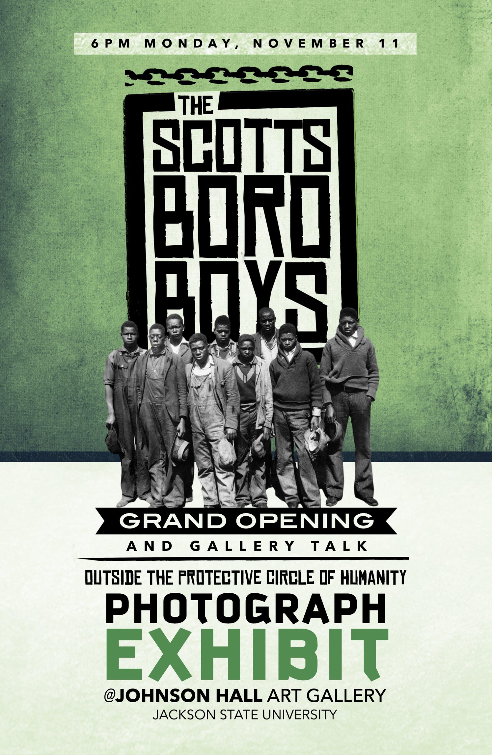 Design and text heavy flyer advertising the grand opening of a photography exhibit titled "The Scottsboro Boys" at 6:00 p.m. on November 11, 2013.