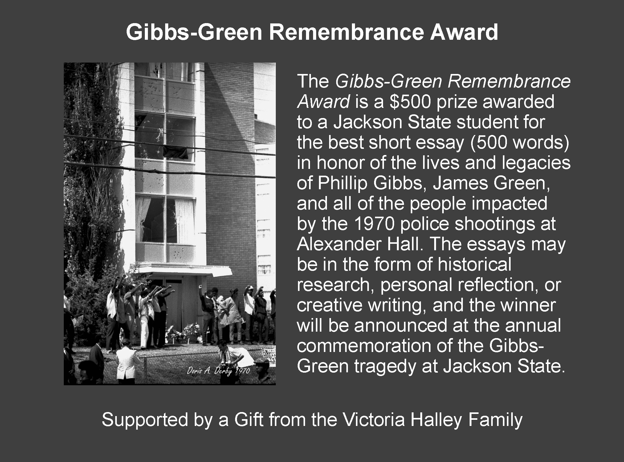 Text heavy flyer advertising the Gibbs-Green Remembrance Award along with submission requirements. To the left of the text is a black and white photograph of students standing outside a tall brick building with broken windows and bullet holes.