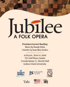 Text and design heavy flyer advertising a premiere concert reading of Jubilee: A Folk Opera at 4:00 p.m. on June 14, 2026. Further text details can be found in the post. At the top of the flyer is a graphic of a piece of brown quilt.
