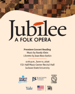 Text and design heavy flyer advertising a premiere concert reading of Jubilee: A Folk Opera at 4:00 p.m. on June 14, 2026. Further text details can be found in the post. At the top of the flyer is a graphic of a piece of brown quilt.