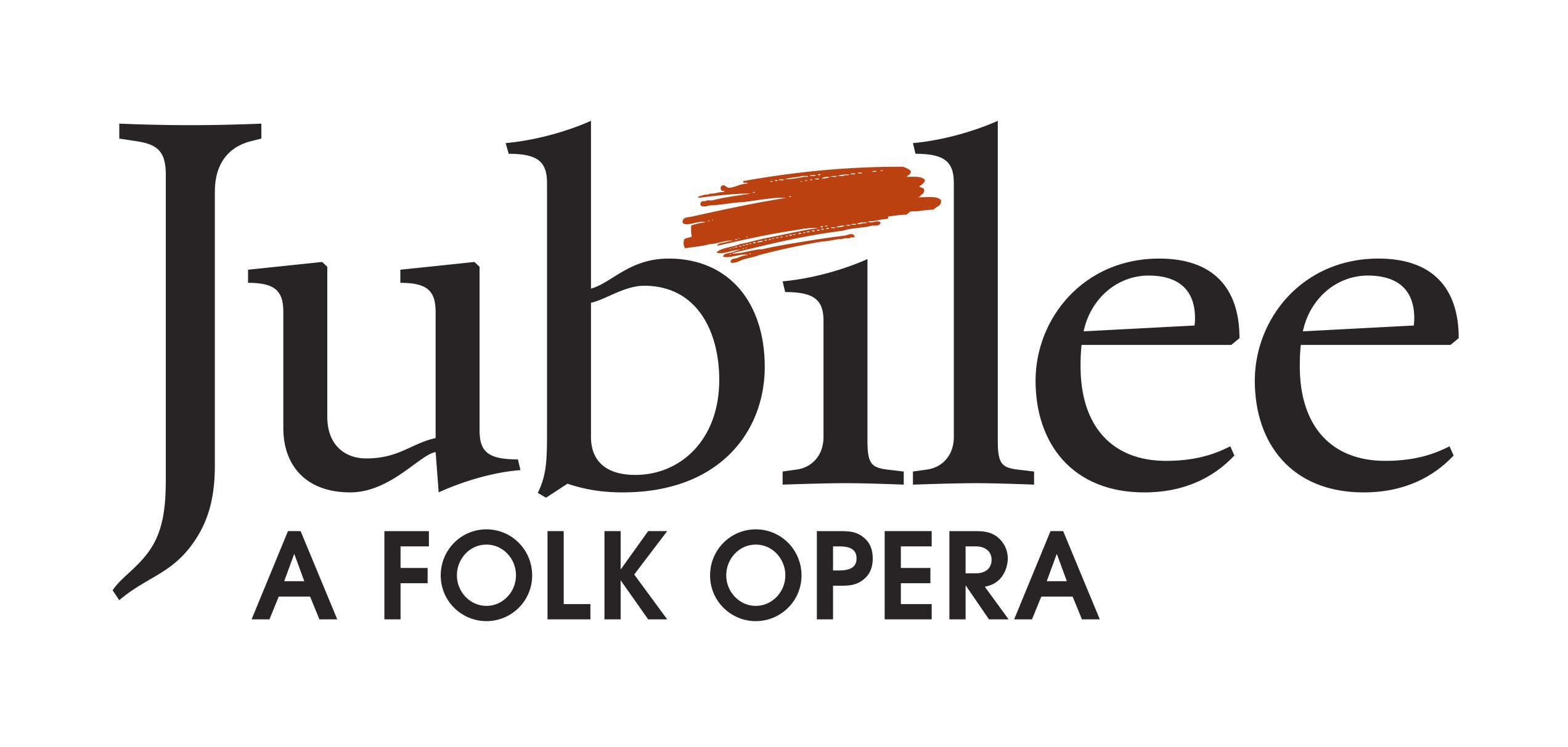 Text logo that reads: "Jubilee A Folk Opera." The "i" in "Jubilee" has a red dash over it. The rest of the font is black.