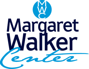 Margaret Walker Center logo. Each word sits directly below the other in a column. "Margaret Walker" is in navy blue, and "Center" is in a bright blue cursive font. A blue circle is centered above the words and contains the letters "MWC".