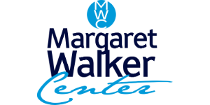 11Margaret Walker Center logo. Each word sits directly below the other in a column. "Margaret Walker" is in navy blue, and "Center" is in a bright blue cursive font. A blue circle is centered above the words and contains the letters "MWC".