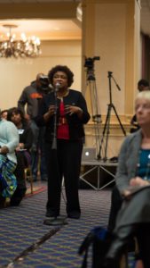 Dr. Gwendolyn Spencer Prater, Dean Emerita, poses a question to Dr. David Chandler, opening speaker.