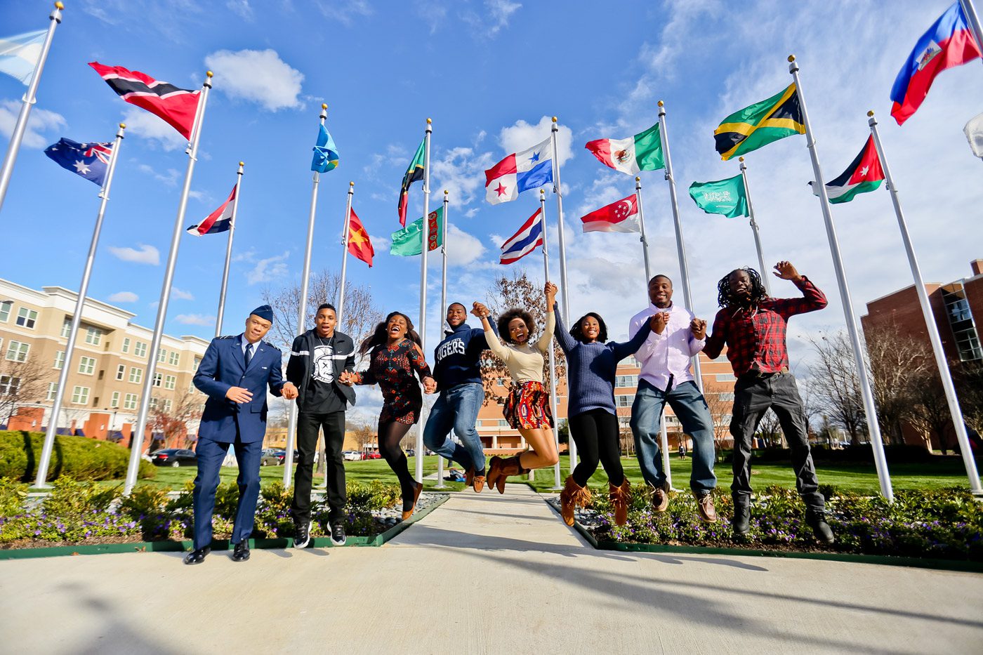 Students at international flags